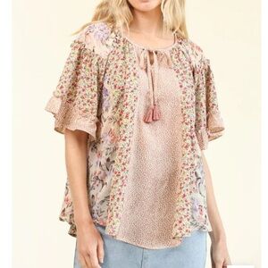 Gigio Mixed Floral Print Boho Flowy Lightweight Short Sleeve Top Blouse Size S